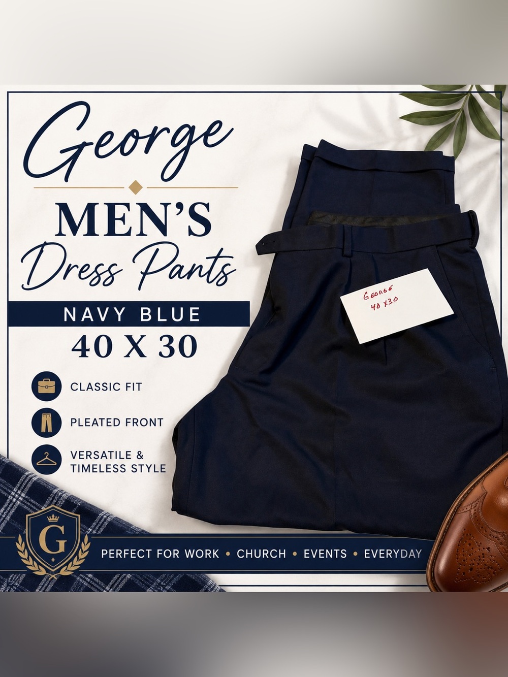 George Men’s Navy Blue Dress Pants 40x30 Classic Fit Pleated Trousers